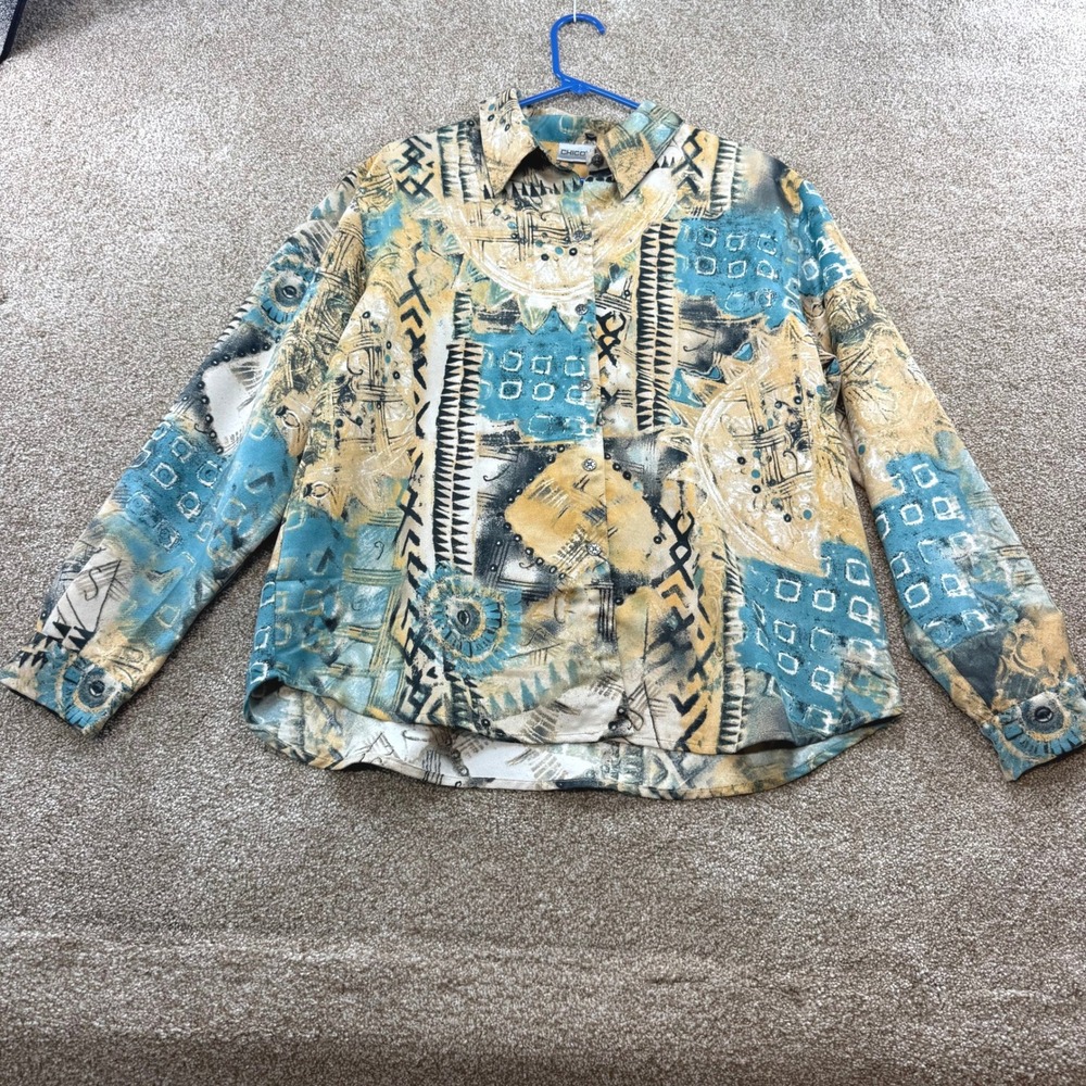 VTG Chicos Abstract Geometric Button Front Blouse Teal Yellow Black Size 3 XL